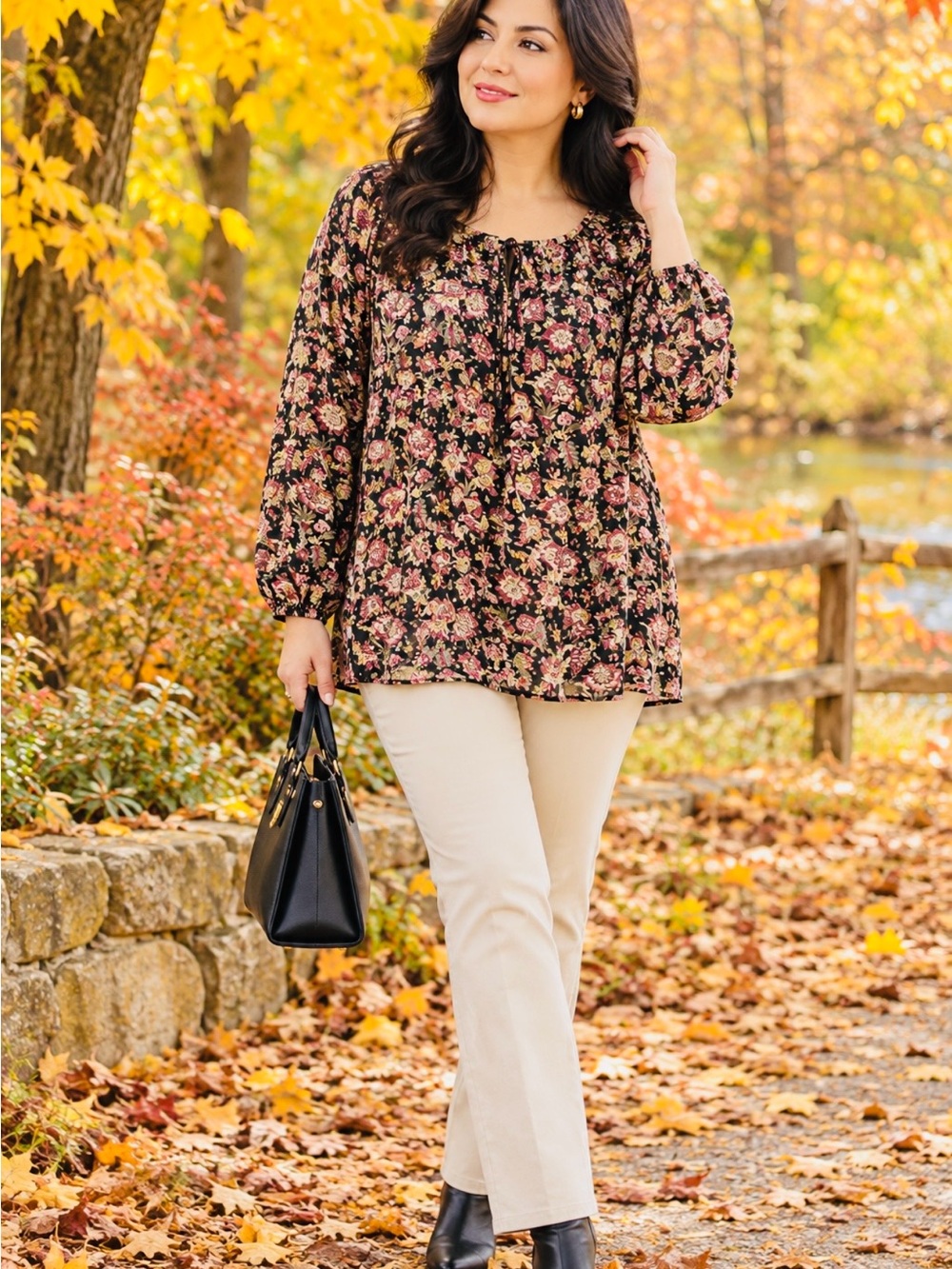 Womens Black Floral Peasant Blouse - Casual Long Sleeve Top c j banks